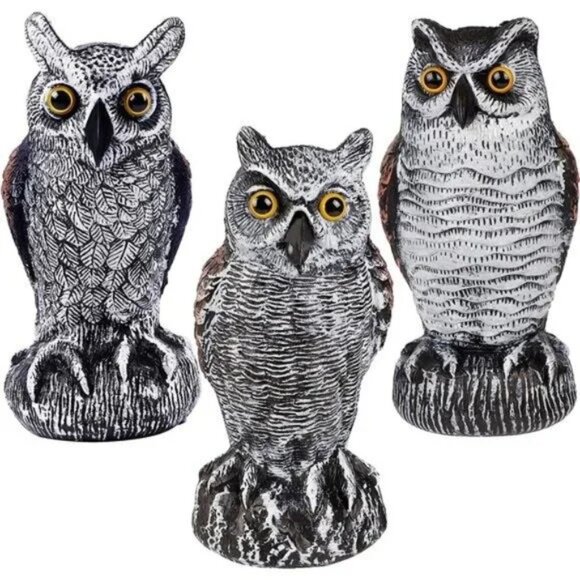 3 Pack Bird Scarecrow Fake Horned Owl Decoy, Plastic Owl Bird Deterrents